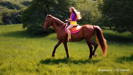 给我生成一个开心快乐的骑马女孩的视频。 by Hailuo AI Video Generator