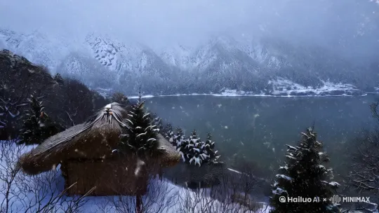 制作一个在一处有山有水的地方 外面鹅毛大雪，一对恩爱的情侣在茅草屋内的窗边吃火锅的视频，是中国人 ，并配好音乐 by Hailuo AI Video Generator