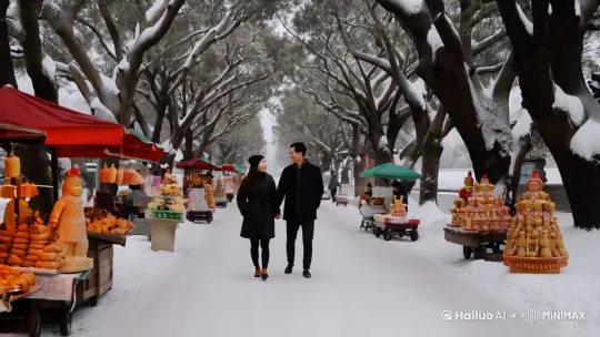 一对恩爱的情侣，手牵着手，在一个漫天大雪的天气，一起走在两边都是梧桐树的路上，街边有卖糖葫芦，烤红薯，还有制作糖人的视频 by Hailuo AI Video Generator