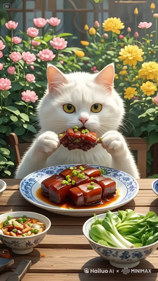 主体动态呈像，自然，猫咪双手拿着红烧肉，放到嘴边，张开嘴巴在吃。 by Hailuo AI Video Generator