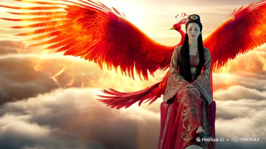 "一个优雅而空灵的场景,一个穿着中国古代服装的女人,坐在高高的火焰上,凤凰在天空中翱翔。凤凰有火红的、鲜红的和橙色的羽毛,展开大翅膀,形成了一个惊人的对比背景云天。这个女人有一头飘逸的黑发,表情平静,穿着一件流线型设计复杂的长袍,上面有金色和红色的细节。柔和,发光的光线环绕着她,增强了这一幕的神奇神秘气氛。这是一个穿着古装的优雅女人的形象,坐在火凤上,它在天空中疾驰。飘飘欲仙的场景捕捉了神奇的气氛与凤凰燃烧的羽毛和宁静的存在的女人。 by Hailuo AI Video Generator