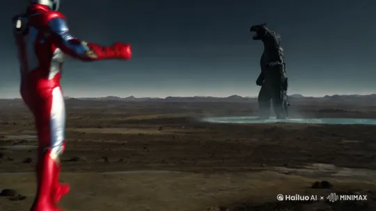 迪迦奥特曼从天而降，降落到地球之外的行星，顿时前方出现一只哥斯拉怪兽，迪迦与之缠斗起来，迪迦一拳打中他的头，怪兽，又一拳打中迪迦，然后他们俩你一拳我一拳你来我往，迪迦也全来我往，最后，迪迦打怪兽打爆 by Hailuo AI Video Generator