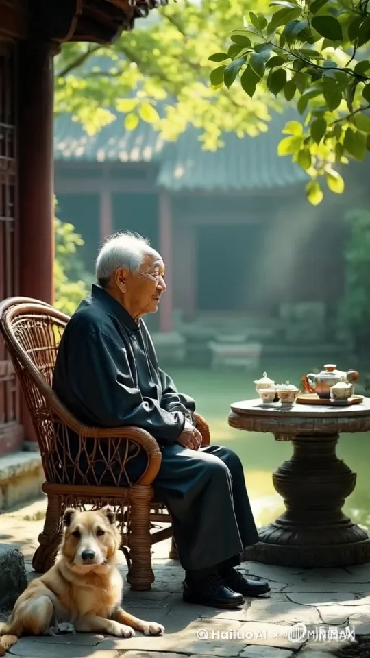 这是您要求的画面：古色古香的中式庭院，阳光透过树叶缝隙洒下，一位老者坐在藤椅上，脚边卧着一只中华田园犬，旁边石桌上放着一套精致的茶具 by Hailuo AI Video Generator
