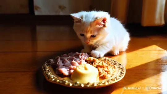 一个小猫吃着豪华的餐 by Hailuo AI Video Generator