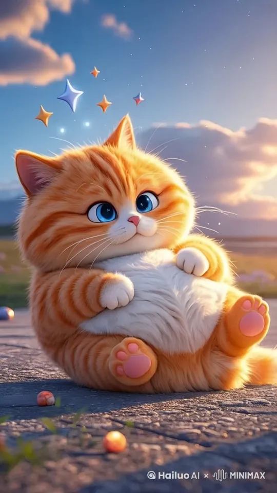 猫咪不慎摔倒，头部冒出闪烁金星特效，生动描绘疼痛感，随后它勇敢地爬起，脸上绽放温暖微笑，传递正能量。近景动态镜头，捕捉瞬间情感变化，全程洋溢治愈系气息。 by Hailuo AI Video Generator