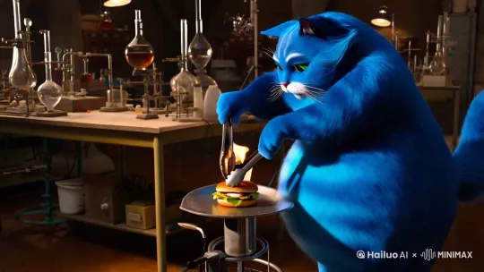 一只蓝色的胖猫在化学实验室把汉堡架在酒精灯上加热，然后发生了特别剧烈的爆炸产生了很多烟雾 by Hailuo AI Video Generator