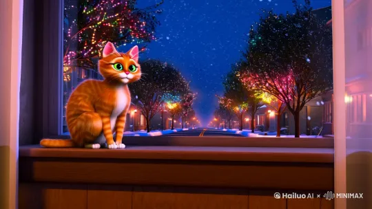 一只小猫蹲在窗前，镜头缓缓推进，穿过傍晚的街景，雪花一片一片的飘下来，树木上挂满了彩灯，画面色调温馨，氛围宁静温馨 by Hailuo AI Video Generator