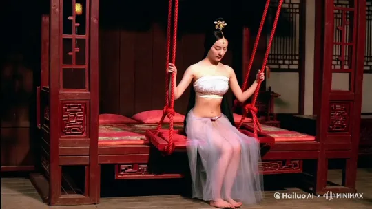 古风美女 苗条纤细 古代闺房红木家具 床榻  床上红绳秋千 坐在秋千上荡秋千  古装亵衣肚兜 纱裙若隐若现 露胳膊腿肚子 性感妩媚  by Hailuo AI Video Generator