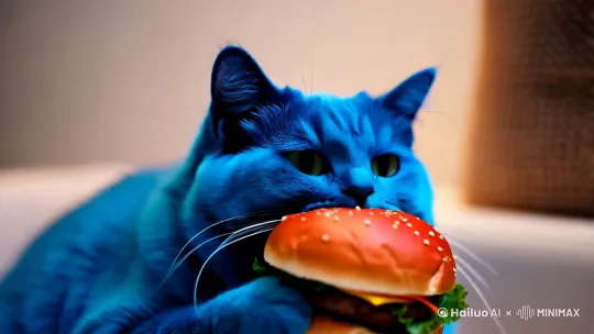 蓝色的肥猫吃汉堡 by Hailuo AI Video Generator