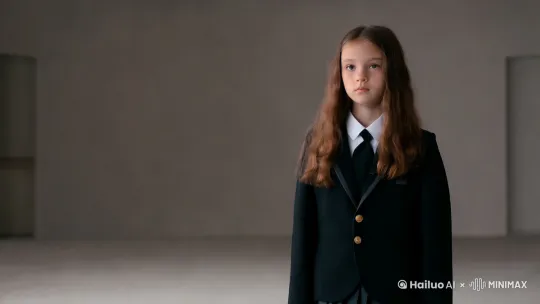 一个身着黑色日式校服的棕色长发女孩站在一个密闭的、很高的空间里，天花板突然掉下来一条铁链，铁链的末端还系着一个扣环，那个扣环扣在了女孩的脖子上，随后，女孩被拉进了天花板里，整体视角仰视，能看到天花板 by Hailuo AI Video Generator