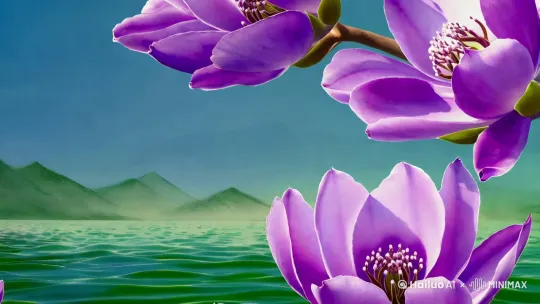 唯美水墨动画风格，紫色玉兰花瓣缓缓展开，仿佛时间静止。数朵玉兰同时绽放，每一片花瓣都细腻描绘，展现出生命的奇迹。背景是广阔无垠的蓝天，飘浮着几朵悠闲的白云，远处山峦叠翠，近处碧波荡漾，一派生机盎然的景象。镜头从远至近缓缓推进，捕捉每一朵花开瞬间，最后定格在花瓣完全绽放的那一刻，展现出大自然的鬼斧神工。中远景，动画运镜。8k超清，画面细腻， by Hailuo AI Video Generator