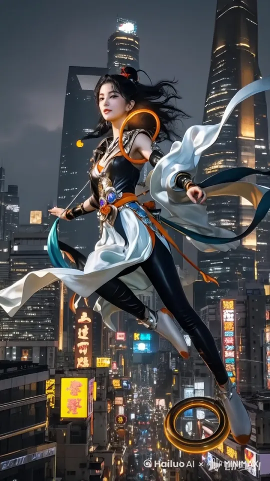 让哪吒动起来，脚下的风火轮在飞速旋转，背景灯火璀璨 by Hailuo AI Video Generator