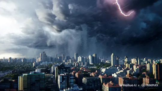 狂风暴雨肆虐在城市里面。有海景场面 by Hailuo AI Video Generator