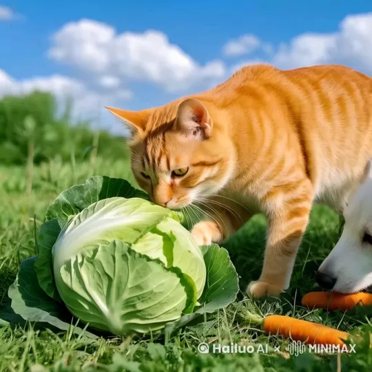 一只橘猫在地里拔包菜，动作写实，连续 by Hailuo AI Video Generator