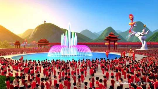1. **镜头与场景**:
“广角俯拍福州五一广场全景,正午阳光明媚,广场中央喷泉折射彩虹光晕,背景可见‘三山一水’雕塑和舞龙队伍,人群身着春节红衣围观,地面散落太乙的宝莲灯(散发青色光芒)。”
2. **角色与动作**:
“3D国漫风格,哪吒(魔童造型,火焰纹肚兜,手持混天绫)腾空跃起,顽皮大笑,追打逃跑的太乙真人(圆胖身材,四川方言口型,道袍凌乱,胡须飞扬),太乙用拂尘遮挡臀部,踉跄奔跑。”
3. **细节与氛围**:
“慢动作特写哪吒挥动混天绫击中太乙臀部,仰拍太乙夸张的痛苦表情;穿插围观群众捧腹大笑的特写,背景播放欢快唢呐版《春节序曲》。”
水墨特效
使用“T2V-01-Director”功能控制镜头运动,或添加“高帧率(60fps)”“4K分辨率”提升电影感
角色动作自然,手部与面部无变形 by Hailuo AI Video Generator