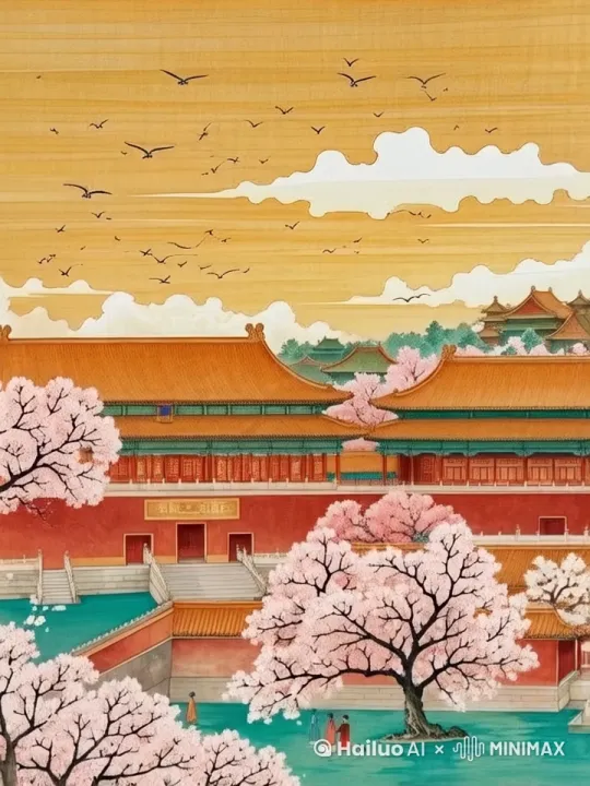 这是一张故宫的图片，把原图空中的飞鸟动起来，原地扇动翅膀即可，不要重新绘制，图中红色树木随风摇曳多姿，飘落的花瓣随风飞舞，画面里的人物动起来，不要增加人物，天空的云朵由右往左慢慢飘动，不要增加云朵，其他的内容静止不变 by Hailuo AI Video Generator