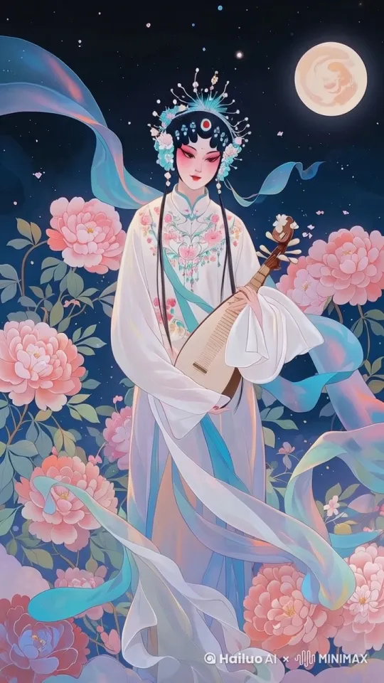 图中的美女的衣带随风飞舞，花朵随风摇曳，她轻启朱唇弹着琵琶吟唱，天空的星星一闪一闪，月亮微微泛着光芒，其他的内容静止不变 by Hailuo AI Video Generator