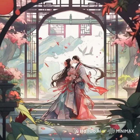 图中的男女的衣带和长发随风飞舞，花朵随风摇曳，花瓣纷纷飘落，她轻启朱唇对着男主吟唱，前景水面波光粼粼，有锦鲤跃出水面激起水花，远景鸟儿盘旋飞舞其他的内容静止不变 by Hailuo AI Video Generator