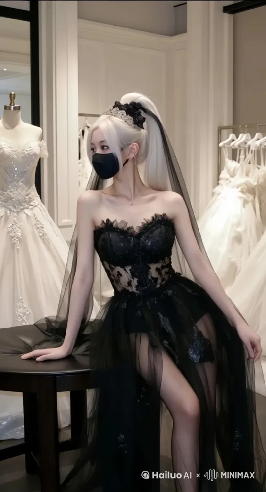 一位神秘女子坐在婚纱店内，身着黑色透视礼服，头戴黑色面纱和皇冠。她优雅地抬起手，轻轻拨弄着裙摆，背景中白色婚纱熠熠生辉，画面氛围神秘而优雅 by Hailuo AI Video Generator