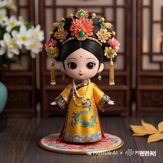 以图片中身着华丽清朝宫廷服饰的卡通人偶为主体，生成一段AI视频。人偶动作自然流畅，展现出优雅的舞蹈姿态，双手轻柔摆动，脚步轻盈移动。同时，人偶开口唱歌，声音清脆悦耳，演唱一首古典风格的歌曲。背景中的中式木质雕花屏风和白色花卉保持静态，为视频营造出古典雅致的氛围。 by Hailuo AI Video Generator