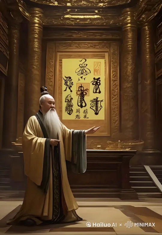 让这位古装老讲解这一副道家赐福镇宅图 ，身体和手要动起来，用手指着赐福镇宅这幅图介绍一下，顺便要走一走，介绍这副图的时候脸要看着那幅图，介绍完以后脸要以正面为主。 by Hailuo AI Video Generator