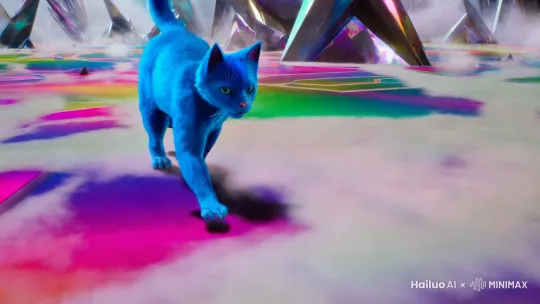 一只蓝色类似猫的生物在那里跑步 by Hailuo AI Video Generator