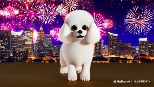 白色比熊犬双手拱手向屏幕前的人们拜年，“祝贺新春快乐，家庭幸福，身体健康”，背景是广州城市夜景，天空上市盛开的烟花[下降,上摇] by Hailuo AI Video Generator