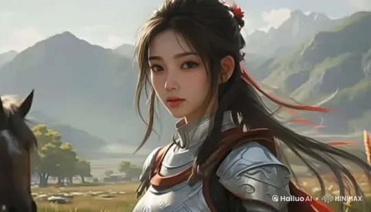 女生的头发随风摆动，后面的马低头吃草 by Hailuo AI Video Generator