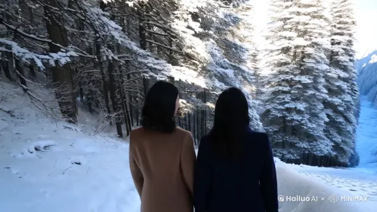 大雪山森林两对情侣探险 by Hailuo AI Video Generator