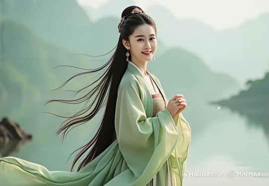 美女转过头，眨了眨眼睛，用右手轻轻的捂住了嘴唇，冲着镜头莞尔一笑。微风吹动着秀发。湖面自然的泛起了涟漪。 by Hailuo AI Video Generator