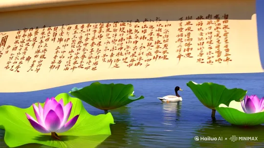 画卷铺开，一列列行书书法字体浮出来，旁边的荷花逐渐盛开，有鸳鸯在水中嬉戏，空中喜鹊飞过，像导演一样专业的运镜，中国风，古典，唯美，4k, 最高品质 by Hailuo AI Video Generator