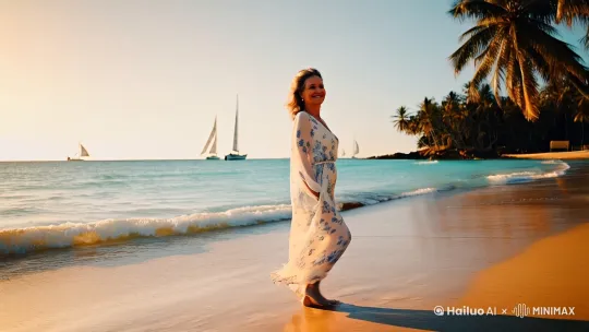 Warm midday sunlight, golden sandy beach, gentle turquoise waves lapping the shore, a mature elegant woman (age 35-40) walking leisurely, flowing chiffon maxi dress (cream white with pale blue floral patterns), barefoot on damp sand, confident serene smile, wind-blown wavy hair, soft luminous skin texture, distant sailboats and coconut tree silhouettes, low-angle cinematic shot capturing motion, cinematic lighting, muted morandi color palette, 8k ultra-detailed, naturalistic style --ar 16:9 --v 6.0[右移,跟随] by Hailuo AI Video Generator