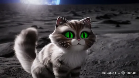 一只很可爱的猫，他本来生活在地球上，却被一只外星猫带上了月球，那个普通猫非常开心，在月球上定居了下来。 by Hailuo AI Video Generator