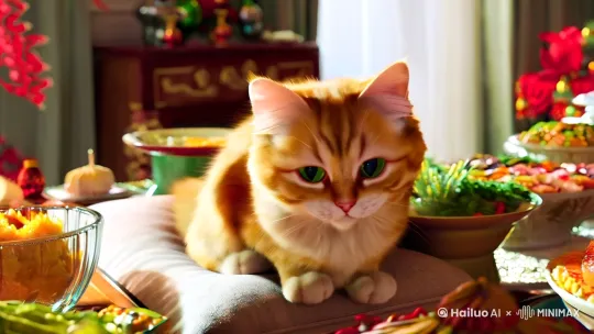 祝新年快乐，万事如意，合家欢乐，小猫给大家拜年啦，节日期间大家都吃什么好吃的了呢？晒出来分享一下吧 by Hailuo AI Video Generator