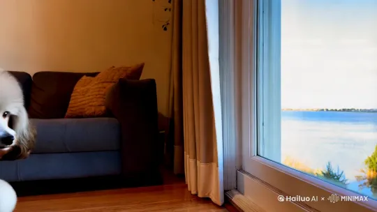 一只可爱的灰色泰迪，在阳光明媚的清晨推开客厅的窗户，远眺碧水蓝天 by Hailuo AI Video Generator