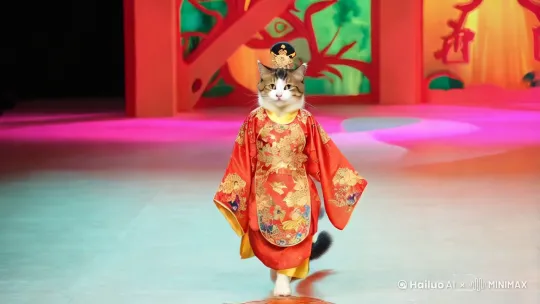 生肖猫穿着唐朝服装在T台上自信迈步，舞台灯光，明亮色彩，欢快氛围，特写，垂直构图,真实风格，甜美的微笑，美丽 by Hailuo AI Video Generator