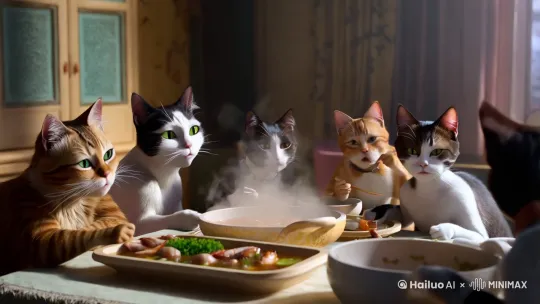 猫们在愉快地享受火锅美食 by Hailuo AI Video Generator