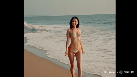 亚洲比基尼美女，明星面容，在海边 边走边回头微笑 
镜头:远景 5米开外
场景:海边 
角度:直视  不要俯视或者仰视的角度 
高清  身材火辣  by Hailuo AI Video Generator