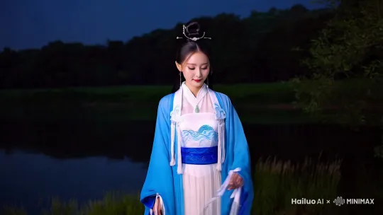 场景三：月下湖边人物：一位国风美女站在湖边，月光洒在她的身上，显得格外清冷。她的发髻高挽，用一根银色的发簪固定，几缕碎发垂在脸颊两侧，增添了几分柔情。肚兜：她穿着一件白色的肚兜，布料轻薄而透明，绣有蓝色的水波图案，显得清新而灵动。肚兜的边缘用蓝色的丝线勾勒出精美的花纹，流苏垂在胸前，随风轻摆。外衣：外搭一件蓝色的长衫，衣袖宽大，袖口处用白色的丝带系住，露出肚兜的一角，更显灵动。下身穿着一条白色的长裙，裙摆宽大，随风飘动。配饰：腰间系着一条蓝色的腰带，上面挂着一个小巧的玉佩，脚上穿着一双白色的绣花鞋，整体造型清冷而优雅。 by Hailuo AI Video Generator