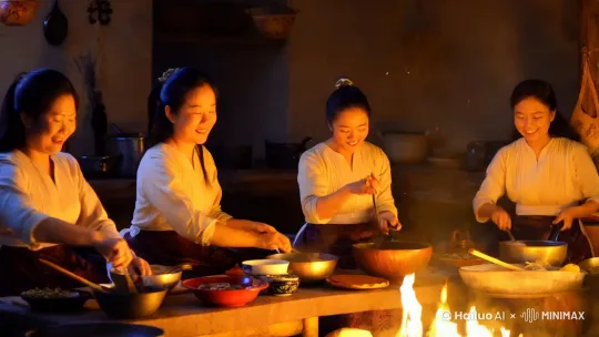 过年家里五姊妹在家烧火煮饭，烟火气息 by Hailuo AI Video Generator