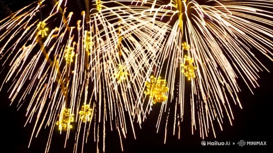夜空中的烟花爆开来，洒落地面变成一朵朵金花，唯美高贵，金光闪闪，超清品质 by Hailuo AI Video Generator