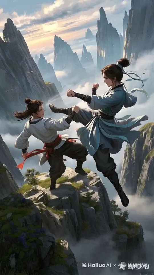 以下是为您生成的不超过 20 秒的场景描述，可用作 AI 绘画提示词：
 
在高耸入云、陡峭险峻的悬崖边，狂风呼啸。一男一女两人身着飘逸的古装，腾空飞起，拳脚交错，激烈互搏。男子身姿矫健，出拳刚猛有力，女子身形灵活，飞踢凌厉如风。他们的表情坚毅，眼神充满斗志，周围云雾缭绕，背景是苍茫的天空。 by Hailuo AI Video Generator