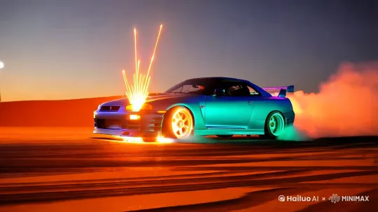 "Epic car drifting scene, 4K cinematic footage, Nissan GT-R R34 neon blue with glowing undercarriage, dramatic tire smoke and sparks, dynamic camera angles: low-angle tracking shots/drone follow/hero close-ups, slow-motion sand spray effects, neon light trails at dusk, hyper-realistic engine roar SFX, intense electronic music build-up, color grading with high contrast and vibrant orange/teal palette, motion blur effects, Unreal Engine 5 rendering, 24fps with selective 120fps slow-mo transitions" by Hailuo AI Video Generator