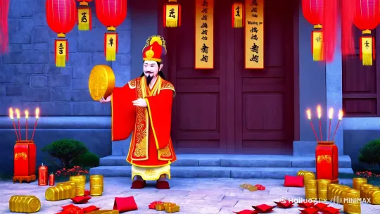 财神爷，身着传统华丽红色长袍，头戴官帽，手持金元宝 。
- 场景布置：中式传统建筑门口，门口挂着红灯笼，贴着“恭喜发财”等对联，地上散落金元宝、鞭炮、红包等 。
- 画面风格：具有中国风的数字插画风格，色彩鲜艳明亮，细节丰富 。
门口冒金元宝 by Hailuo AI Video Generator
