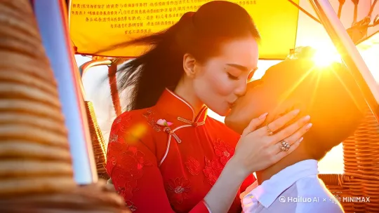 Romantic cinematic close-up, Chinese couple kissing in wicker hot air balloon basket at dawn,  
stunning woman (mid-20s, porcelain skin, jet-black silky hair swirling in wind, celebrity facial features,  
form-fitting red qipao with floral embroidery) tenderly embracing average-looking man (casual white linen shirt),  
golden sunlight streaming through rainbow-striped balloon canopy, delicate details: trembling eyelashes,  
interlocked fingers with matching promise rings, rose petals caught in woman's flowing hair,  
ancient Chinese love poetry faintly visible on balloon envelope, cloud sea over peach-blossom valley below,  
soft bokeh hearts forming through lens flare, warm amber lighting with shallow depth of field,  
dynamic elements: qipao fabric rippling in wind, engraved jade pendant slipping from woman's collar by Hailuo AI Video Generator