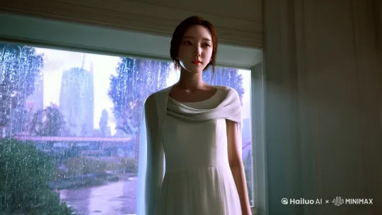 以下是关于一位年轻漂亮女人的下雨天场景的绘画描述：
**画面构思：**
1. **人物姿势**：
   - 女人站立，衣着朴素或时尚，表现出自然的姿态。
   - 面部表情可以是专注、若有所思，或简单地望向远方。
2. **服装设计**：
   - 白色连衣裙，带有一点飘逸感，透露出清新和优雅。
   - 可以添加一件轻薄的披肩或外套，以增加画面的层次感。
3. **背景设置**：
   - 简约的室内场景，或可以是街道、公园等场所。
   - 如果选择室内，可以加入窗户，透出雨帘和模糊的建筑轮廓；如果选外面，则可以有高楼大厦或树木。
4. **光线与色彩**：
   - 下雨天通常带有一定的阴沉感，但也能通过窗户或树叶间的光线增加温暖。
   - 使用柔和的颜色调，如白色、浅灰、蓝绿色等，营造出宁静而略带忧郁的氛围。
5. **细节处理**：
   - 雨点可以以纱窗或透明的网格形式呈现。
   - 地面可能有水洼或积水痕迹，增加真实感。
**色彩搭配建议**：
- **主体颜色**：白色、浅黄色、米色（根据人物肤色调整）。
- **背景与阴影**：深灰色、墨绿色、蓝色。
- **雨点与光线**：银色、淡蓝色、微紫色。 by Hailuo AI Video Generator