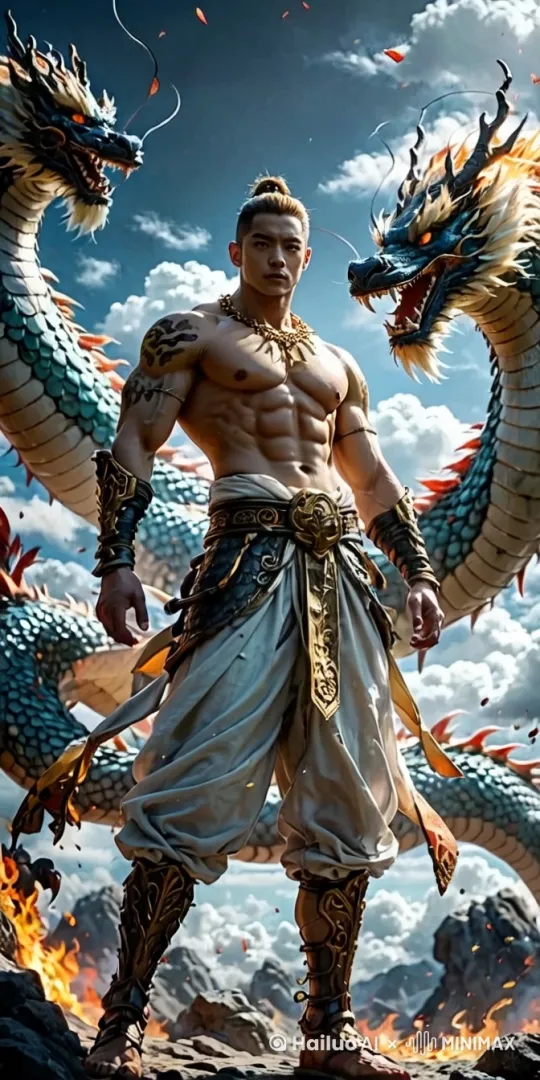 一位肌肉紧实的男子身着中式传统服饰，与两条东方巨龙在云海中相融，龙身盘绕其躯体，男子身上浮现龙鳞纹路，背景是燃烧的火焰与巍峨山峦，整体画面为超写实风格，光影效果逼真。隆合一体。 by Hailuo AI Video Generator