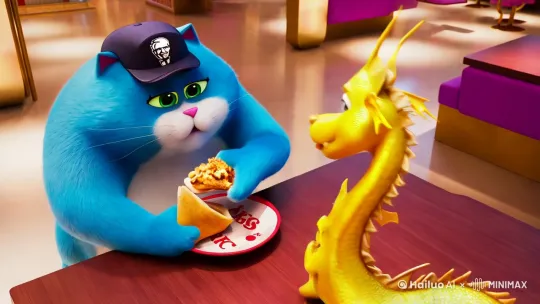 蓝色胖猫和黄色奶龙一起去肯德基吃老北京鸡肉卷 by Hailuo AI Video Generator
