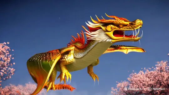 【超写实4K电影级画面】[虚幻引擎渲染][Octane Render][32K超清细节] 

镜头1: 雄壮的东方巨龙在碧空如洗的苍穹中盘旋，每片龙鳞都泛着珍珠母光泽，强健的肌肉群随飞行节奏收缩舒张。晨光穿透半透明的龙翼显现出血管脉络，龙须以流体动力学轨迹飘动，瞳孔呈现熔金渐变色，虹膜纹路清晰可见。环境粒子特效：风压卷起地面樱花形成螺旋气旋。

转场特效：量子能量场从龙心位置爆发展开，无数金色粒子呈斐波那契螺旋缠绕龙躯，鳞片逐片量子化分解为发光符文，伴随次表面散射光效和体积雾扩散。能量漩涡中心产生时空扭曲效果，光线出现引力透镜现象。

镜头2: 漩涡坍缩瞬间迸发星云状光爆，身着丝绸汉服的女子从余烬中优雅降落。服装细节：缂丝工艺的3D立体龙纹刺绣，每片金线鳞片都带有环境光遮蔽，衣袂飘动符合布料物理模拟。人物特征：凤目含威带柔，发丝运用XGen毛发系统渲染，随动作产生空气动力学交互。手持发光玉玺投射全息星图，背景出现若隐若现的龙魂残影。

技术参数：8K分辨率/Cinema4D动态拓扑/Arnold全局光照/实时光线追踪/Marvelous Designer服装模拟/每秒240帧慢动作捕捉/HDR10+色彩空间

附加提示：增加大气透视效果，龙飞行时云层产生船尾波扰动，变身后地面花草出现电磁悬浮效果，全程保持摄影机运动模糊和浅景深电影感 by Hailuo AI Video Generator
