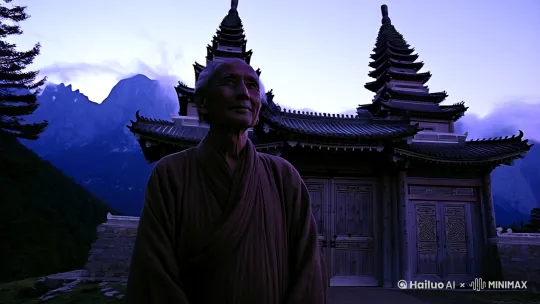 黄昏下的深山里，老和尚站在寺门前眺望远方 by Hailuo AI Video Generator
